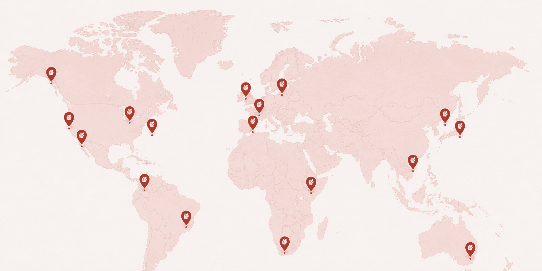 A world map showing pins where Beanie tracks coffee roasters.
